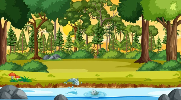 Gün batımı illüstrasyonunda nehir ormandan akar.