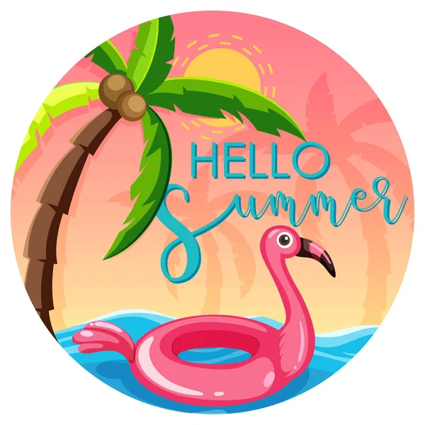 Hello Summer Font Flamingo Swim Ring Banner Isolated Illustration — 스톡 벡터