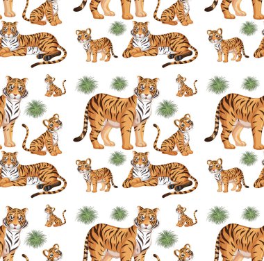 Beyaz arkaplan resimlerinde vahşi kaplanla kusursuz desenler.