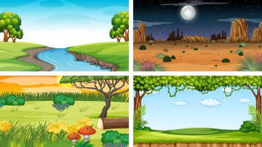 Doğa parkı ve orman illüstrasyonunun dört farklı sahnesi