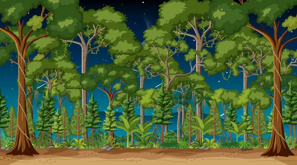 Skogslandskapsscen Natten Med Många Träd Illustration — Stock vektor