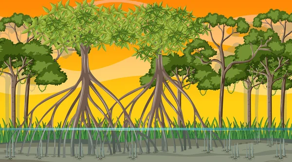 Naturszene Mit Mangrovenwald Bei Sonnenuntergang Cartoon Stil — Stockvektor