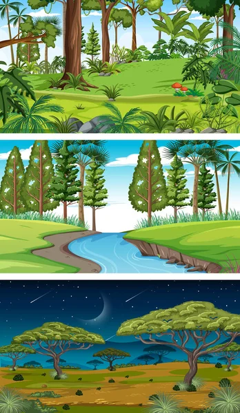 Τρεις Διαφορετικές Οριζόντιες Σκηνές Φύση Εικονογράφηση — Διανυσματικό Αρχείο