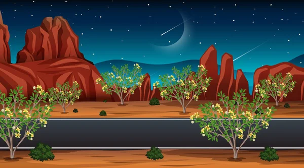 Długa Droga Przez Pustynną Scenę Krajobrazu Nocy Ilustracja — Wektor stockowy