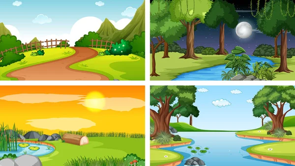 Cuatro Escenarios Diferentes Parque Natural Ilustración Forestal — Vector de stock