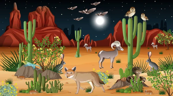 Deserto Paesaggio Forestale Notte Scena Con Animali Selvatici Illustrazione — Vettoriale Stock