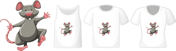 Ratón Posición Stand Personaje Dibujos Animados Con Muchos Tipos Camisas — Vector de stock
