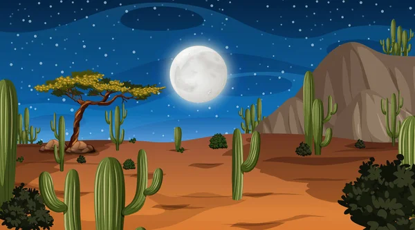 Paysage Forestier Désertique Nuit Avec Nombreuses Illustrations Cactus — Image vectorielle