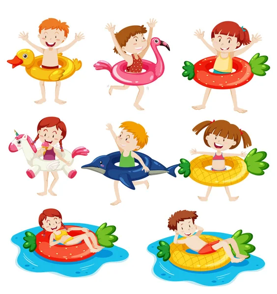 Différents Enfants Avec Leur Anneau Natation Illustration Isolée — Image vectorielle