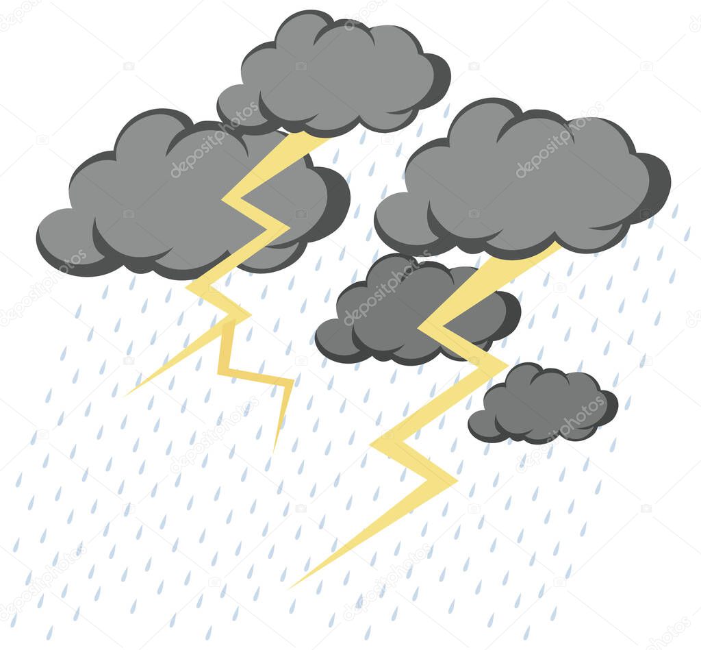 Cloud with rain and thunder on white background illustration