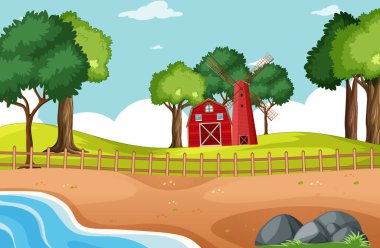 Park sahnesinde ahır ve yel değirmeni