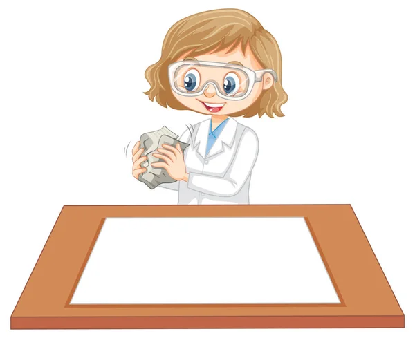 Linda Chica Vistiendo Uniforme Científico Con Papel Blanco Ilustración Mesa — Vector de stock