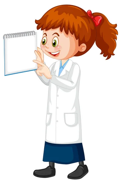 Linda Chica Personaje Dibujos Animados Con Ilustración Bata Laboratorio Ciencia — Vector de stock