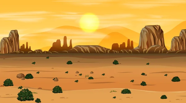 Lege Woestijn Bos Landschap Bij Zonsondergang Tijd Scène Illustratie — Stockvector
