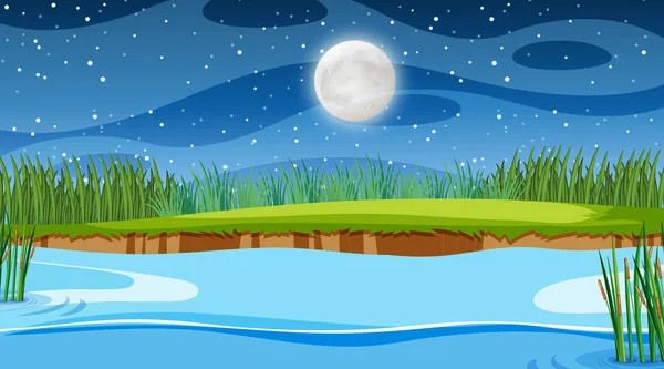 Paisaje Del Bosque Natural Escena Nocturna Con Río Largo Que — Vector de stock