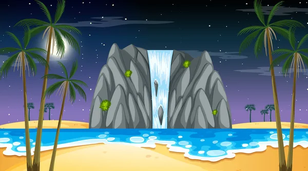 Tropická Plážová Krajina Noci Scéna Vodopádem Ilustrace — Stockový vektor