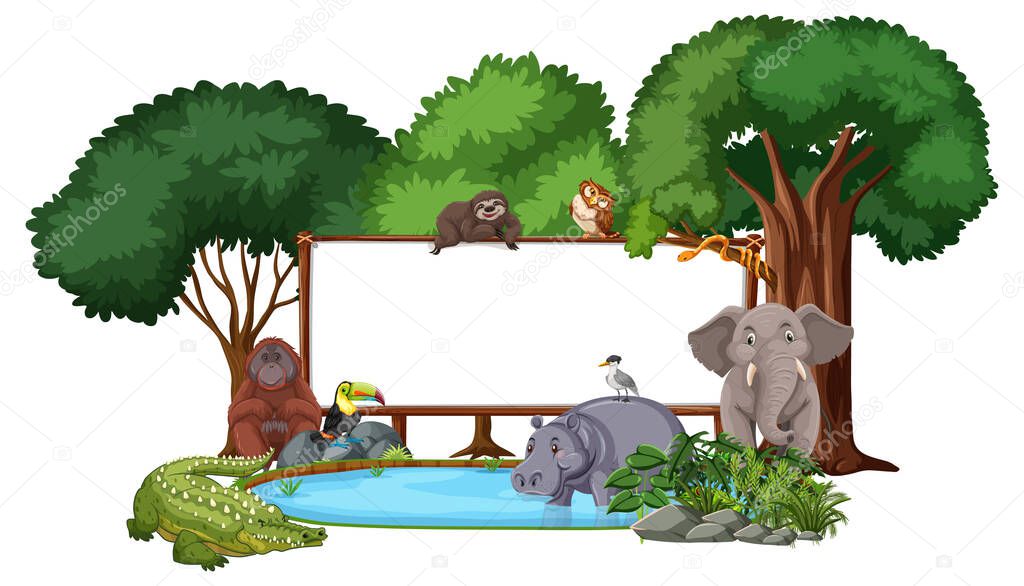 Empty banner with wild animals and rainforest trees on white background illustration