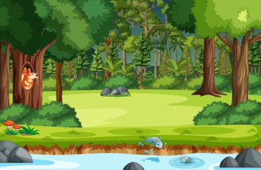 Nehir ve birçok ağaç resimli orman sahnesi