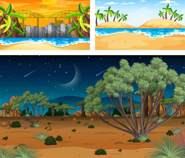 Üç farklı doğa manzarası çizimi