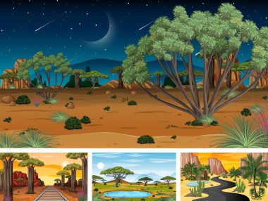 Çizgi film stili illüstrasyonunda farklı doğa yatay sahneleri