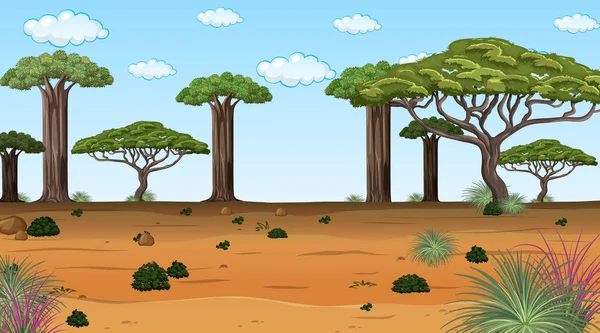 Paisagem Florestal Africana Cena Diurna Com Muitas Árvores Grandes Ilustração —  Vetores de Stock