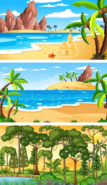 Three Different Nature Horizontal Scenes Illustration — Stock Vector