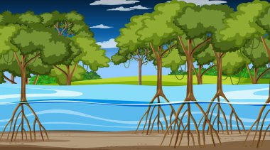 Gece Mangrove Ormanı 'nın doğa sahnesi karikatür stili illüstrasyonunda