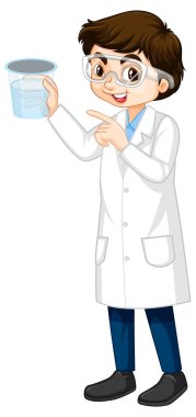 Laboratuvar önlüğü giyen bir çocuk çizgi film karakteri çizimi