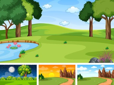 Doğa parkı ve orman illüstrasyonunun dört farklı sahnesi