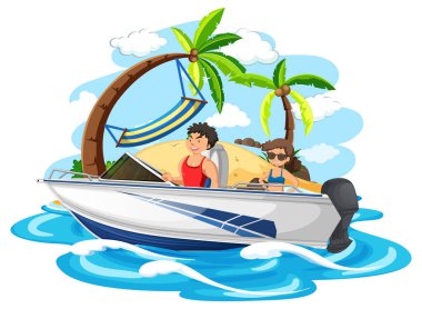 Beyaz arkaplanda sürat teknesinde duran bir çift