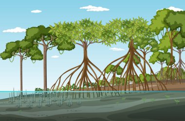 Mangrove orman manzarası gündüz illüstrasyonu