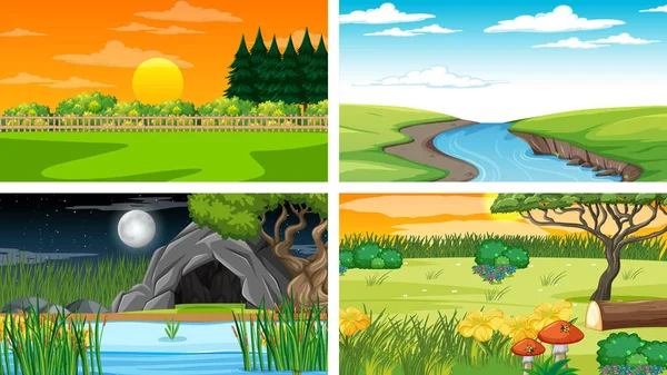 Quatro Cenas Diferentes Parque Natureza Ilustração Floresta — Vetor de Stock