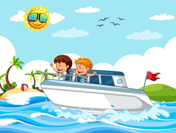 Escena Playa Con Niños Una Ilustración Lancha Rápida — Vector de stock