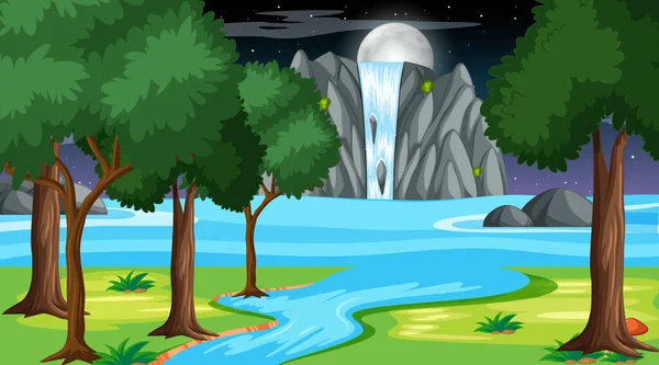 Nature Forest Landscape Night Scene Waterfall Illustration — Stock Vector