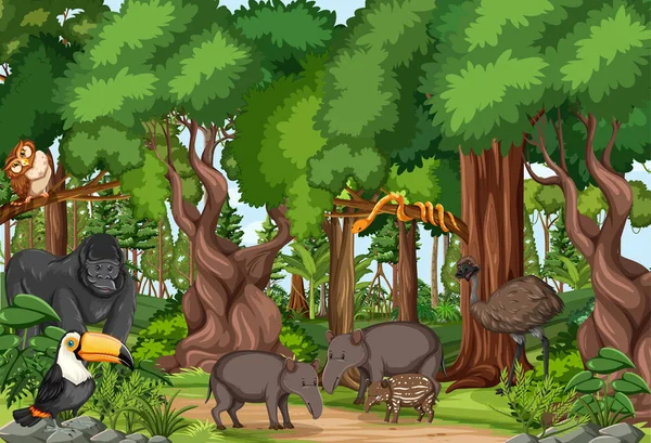 Vilde Dyr Tegneseriefigur Skoven Scene Illustration – Stock-vektor