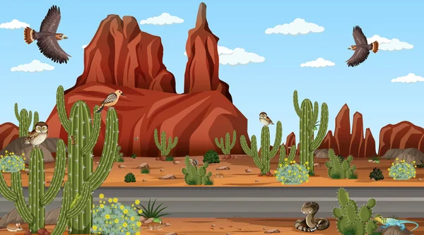 Paisaje Del Bosque Del Desierto Durante Día Con Animales Del — Vector de stock