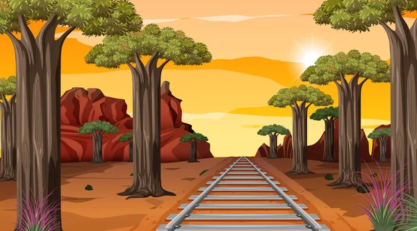 Ferrovia Através Paisagem Deserto Cena Pôr Sol Ilustração Tempo — Vetor de Stock