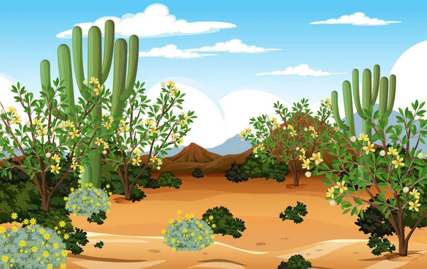 Krajobraz Lasu Pustynnego Dzień Sceny Wielu Kaktusów Ilustracji — Wektor stockowy