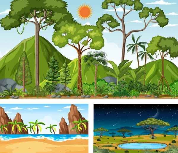 Diferentes Escenas Horizontales Naturaleza Ilustración — Archivo Imágenes Vectoriales