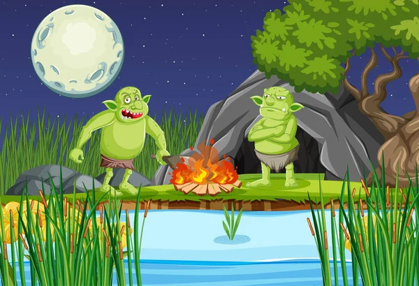Escena Nocturna Con Ilustración Personajes Dibujos Animados Duende Troll — Vector de stock