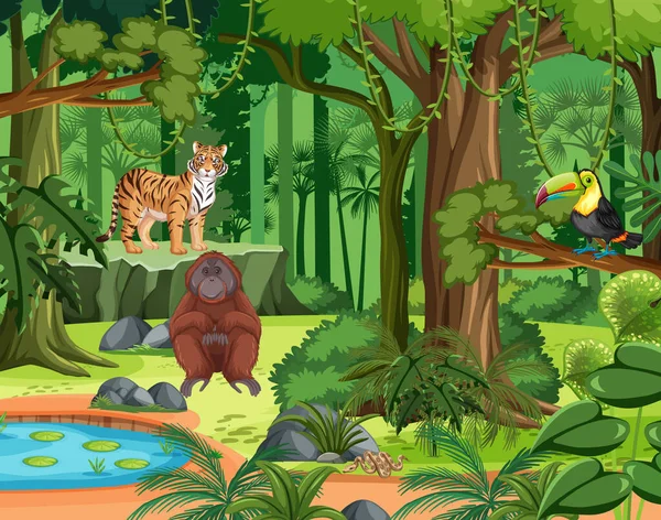 Scena Della Foresta Pluviale Tropicale Con Vari Animali Selvatici Illustrazione — Vettoriale Stock