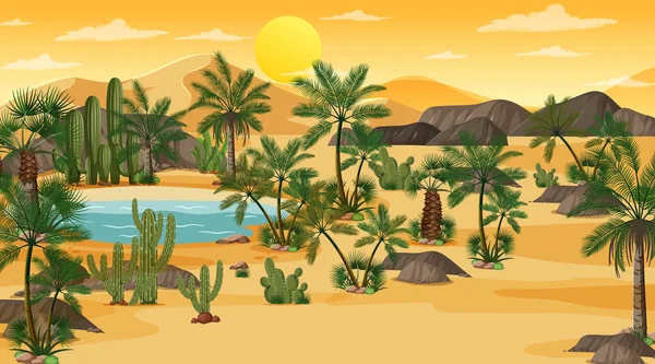 Paisaje Del Bosque Del Desierto Atardecer Con Ilustración Oasis — Vector de stock