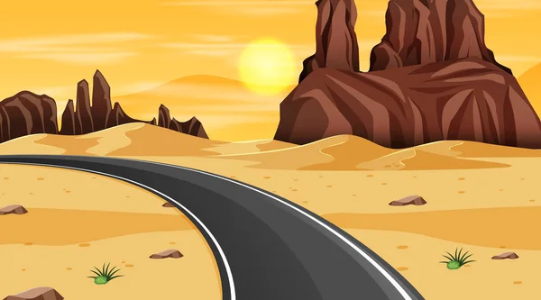 長い道路イラストと夜のシーンで砂漠の森の風景 — ストックベクタ
