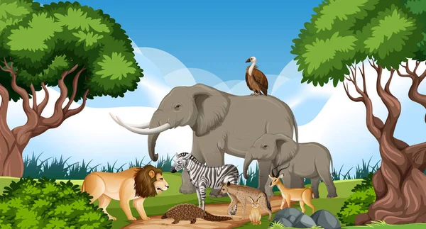 Groep Van Wild Afrikaans Dier Het Bos Scene Illustratie — Stockvector