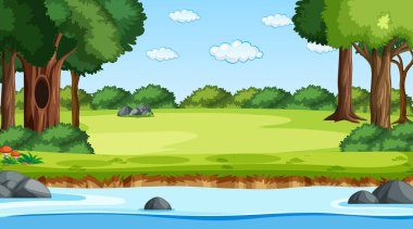 Gündüz vakti doğa ormanı manzarası. Nehir orman resimlerinden akıyor.