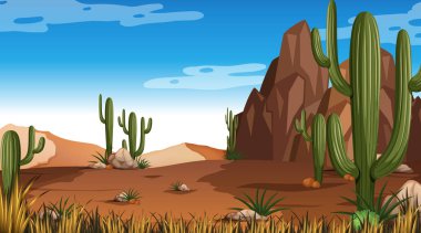 Desert forest landscape at daytime scene with many cactuses illustration clipart