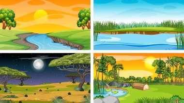 Doğa parkı ve orman illüstrasyonunun dört farklı sahnesi