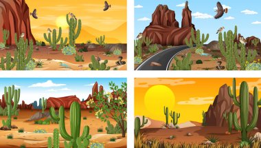 Çöl ormanı manzaralı farklı sahneler. Hayvanlar ve bitkiler resimli.