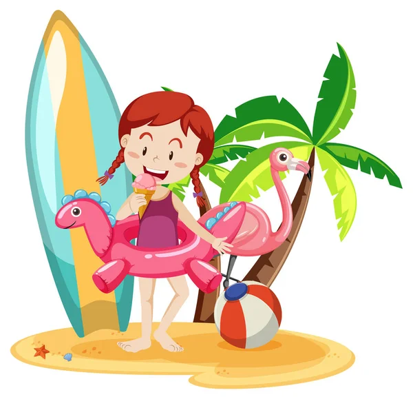 Cute Girl Ikonami Letniej Plaży Izolowane Białym Tle Ilustracji — Wektor stockowy