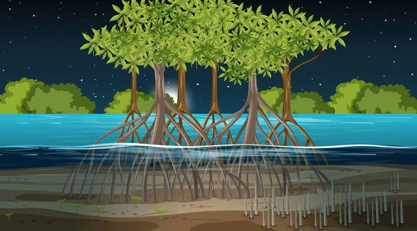 Mangrove Peisaj Forestier Scena Timp Noapte Ilustrare — Vector de stoc